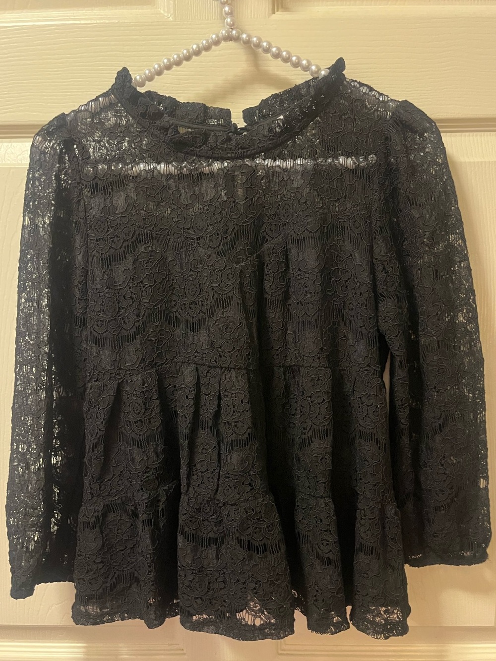 Monteau Los Angeles Black Lace Peplum Top Womens Sz M Lg Sleeve Romantic Blouse - Picture 1 of 10